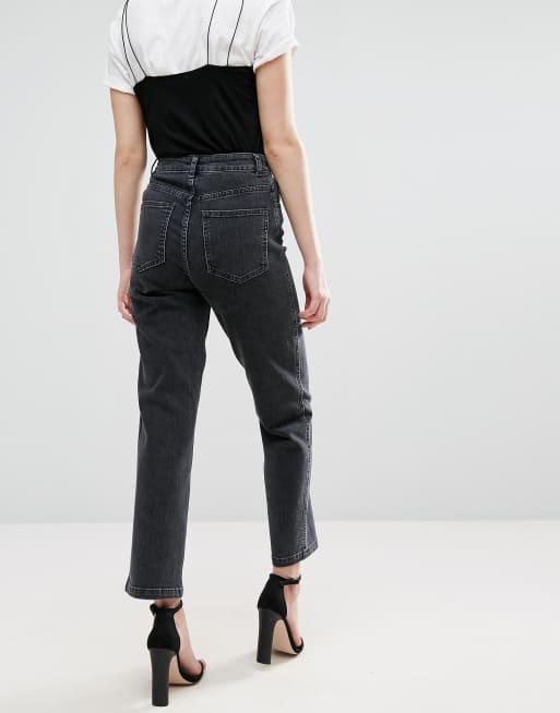 Asos Design High Waist Straight Leg Jeans In Washed Black Asos