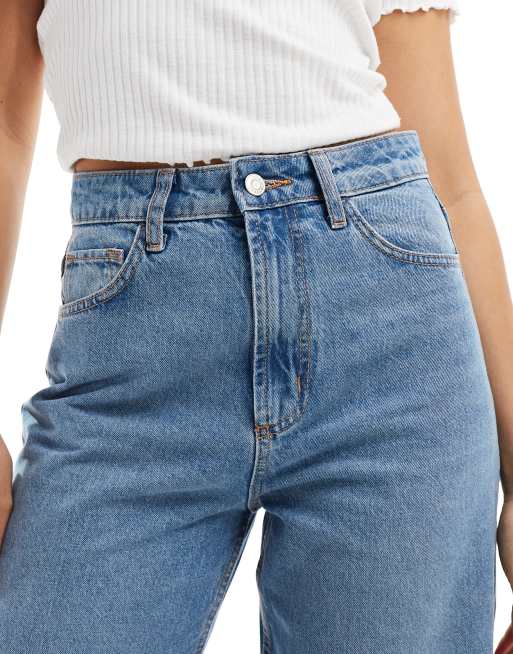 ASOS DESIGN high waist wide leg dad jeans in light mid blue