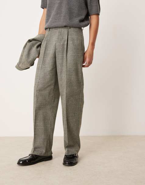 ASOS DESIGN high waist wide leg front pleat suit trousers in green tweed - view 1