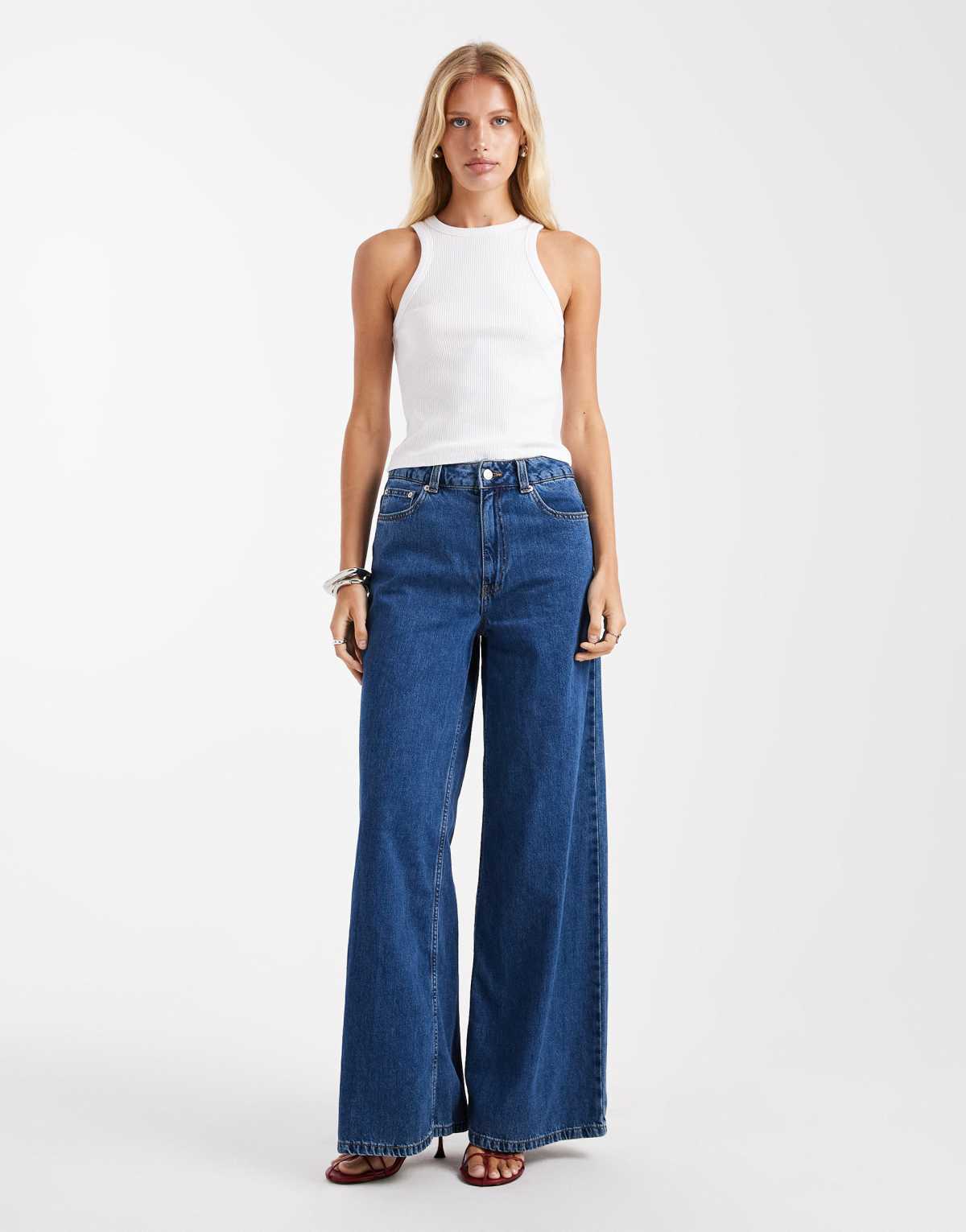ASOS DESIGN high waist wide leg jeans in midwash blue
