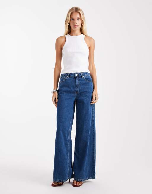 ASOS DESIGN high waist wide leg jeans in midwash blue, 3 of 5