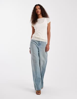 high waist wide leg jeans with cinch in vintage wash-Blue