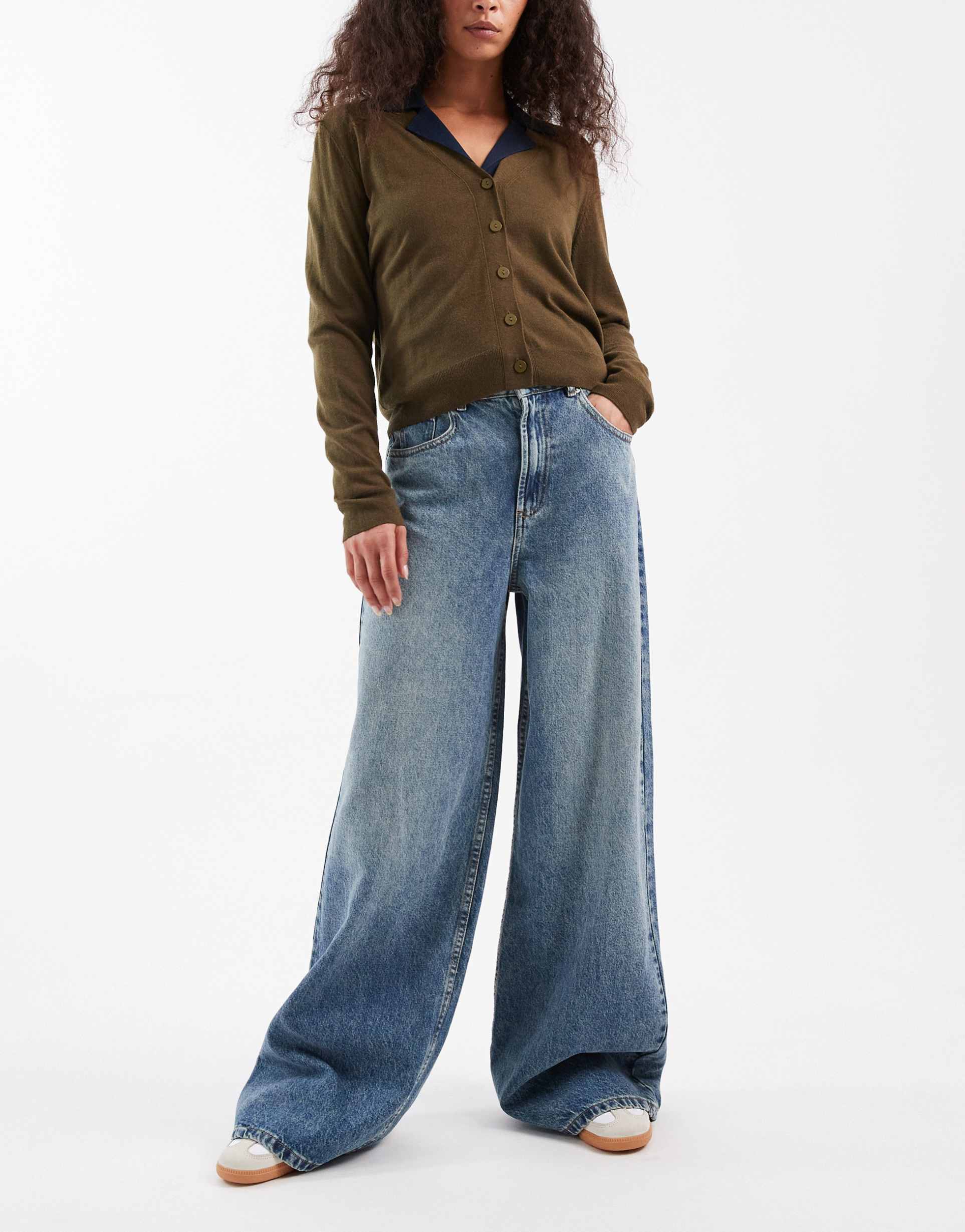 asos design high waist wide leg jeans with cinch in vintage wash