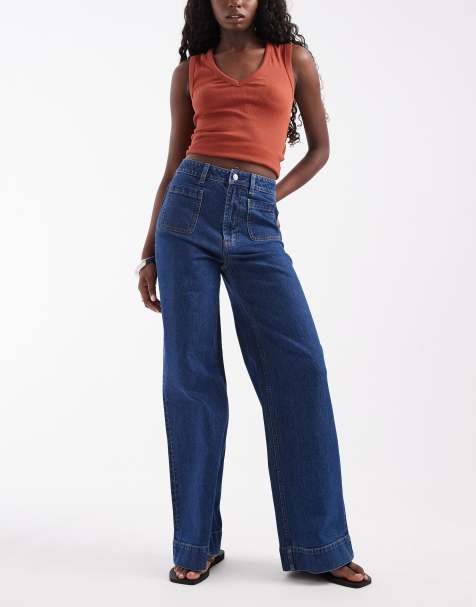 ASOS DESIGN high waist wide leg jeans with front pockets in dark wash blue - view 1