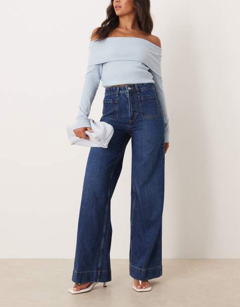ASOS DESIGN high waist wide leg jeans with front pockets in dark wash - view 1
