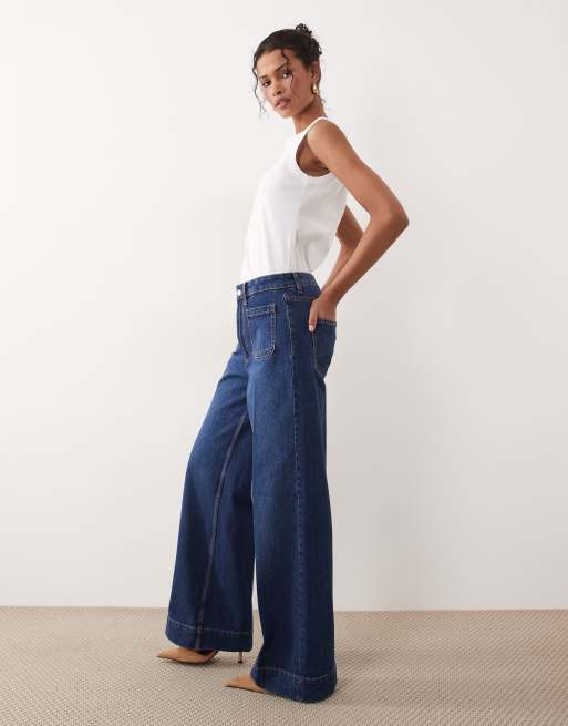 ASOS DESIGN high waist wide leg jeans with front pockets in dark wash, 3 of 5