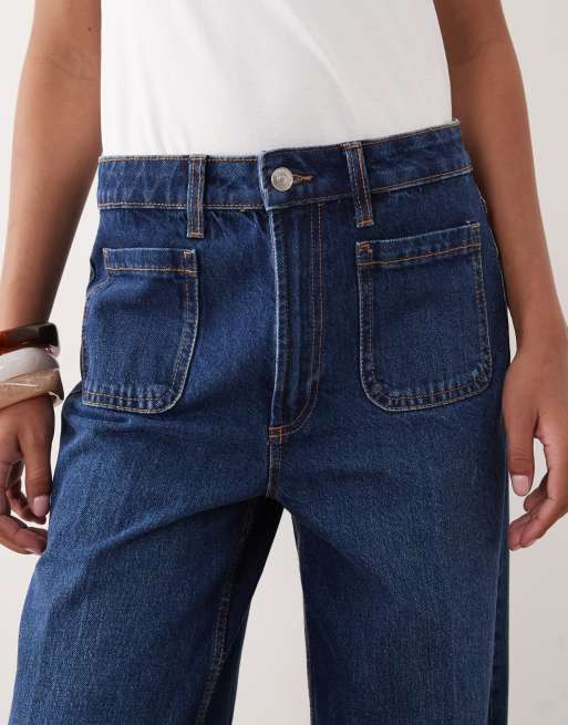 ASOS DESIGN high waist wide leg jeans with front pockets in dark wash, 4 of 5
