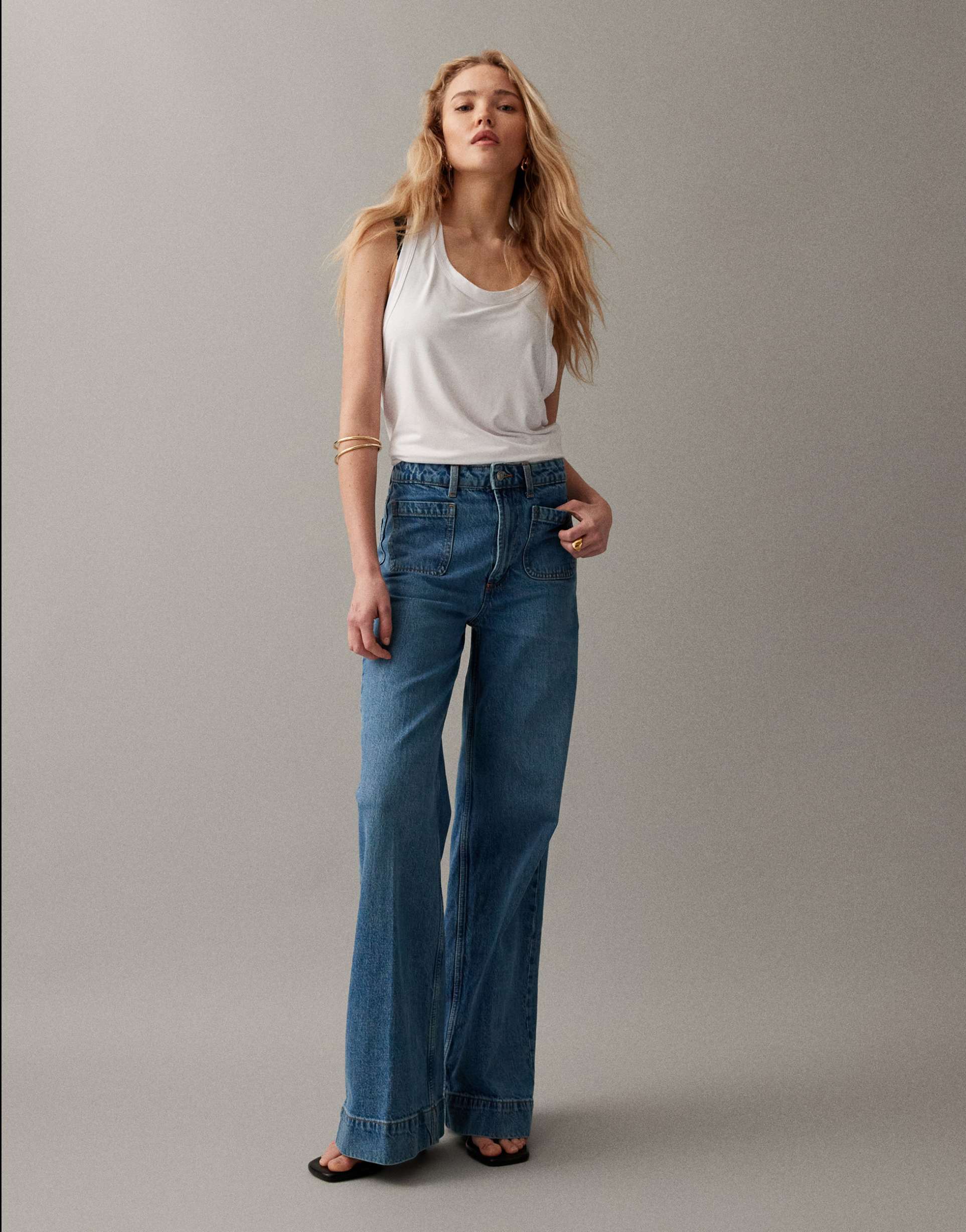 asos design high waist wide leg jeans with front pockets in mid wash