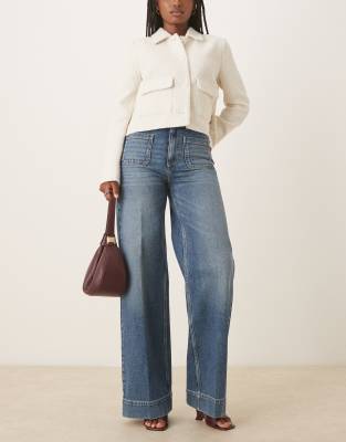 ASOS DESIGN high waist wide leg jeans with front pockets in vintage wash with crease front | ASOS