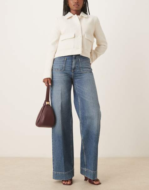 ASOS DESIGN high waist wide leg jeans with front pockets in vintage wash with crease front - view 1