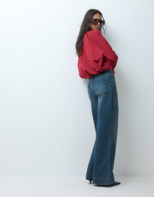ASOS DESIGN high waist wide leg jeans with front pockets in vintage wash, 2 of 5