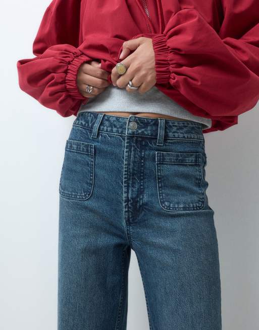 ASOS DESIGN high waist wide leg jeans with front pockets in vintage wash, 4 of 5