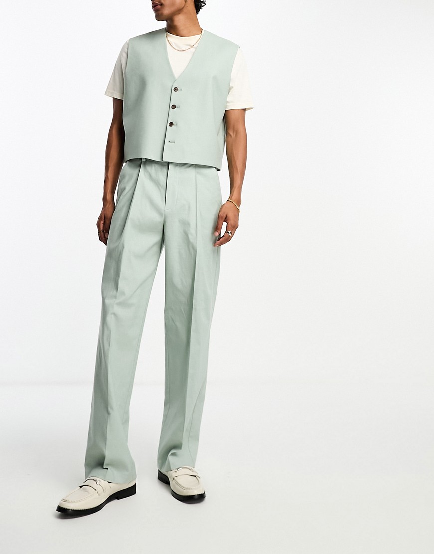 ASOS DESIGN high waist wide leg linen mix suit trouser in sage-Green