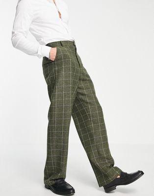 1930s Men’s High Waisted Pants, Wide Leg Trousers ASOS DESIGN high waist wide leg pants in green wool mix window check $54.00 AT vintagedancer.com