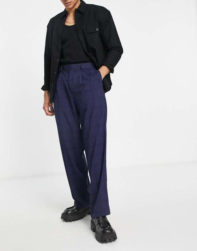 ASOS DESIGN high waist wide leg pants in navy window pane