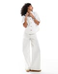[ASOS DESIGN] ASOS DESIGN high waist wide leg pants with contrast stitch in off white (part of a set)-Neutral 12 Off white