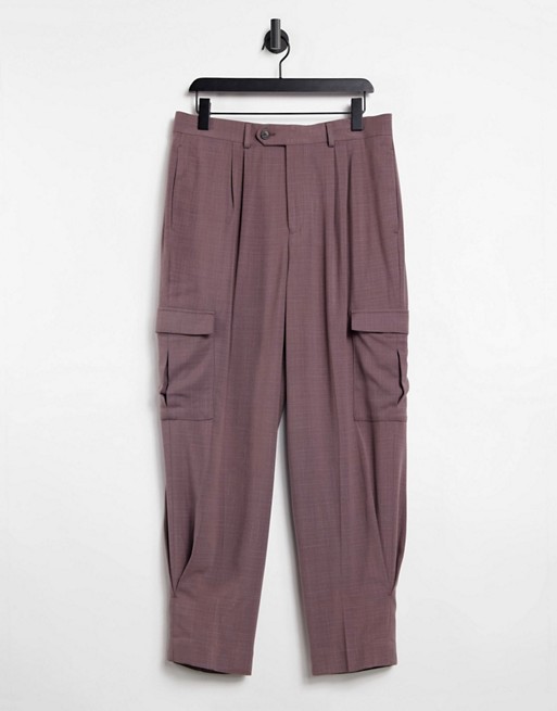 ASOS DESIGN high waist wide leg smart trouser in purple cross hatch