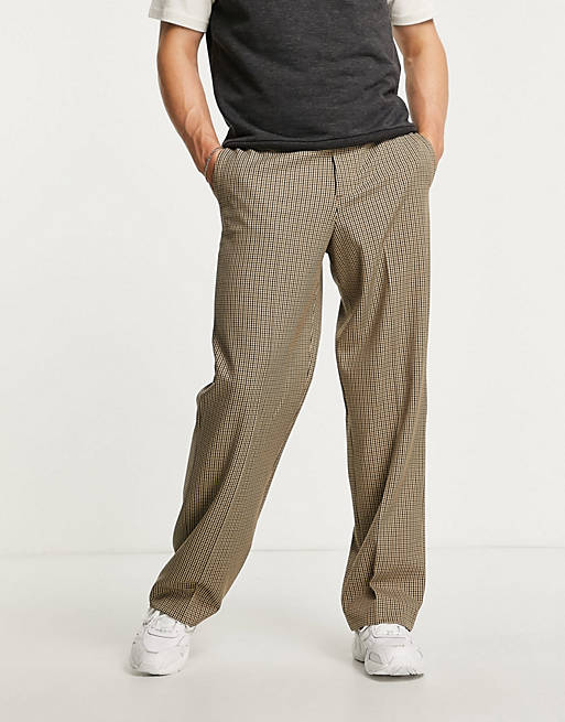 Trousers & Chinos high waist wide leg smart trouser with cut out in brown micro check 