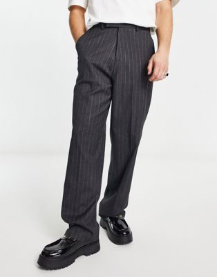 ASOS DESIGN high waist wide leg smart trousers in charcoal pin stripe
