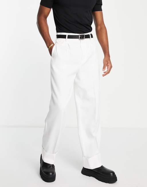 ASOS DESIGN high waist wide leg turn up smart pants in white texture