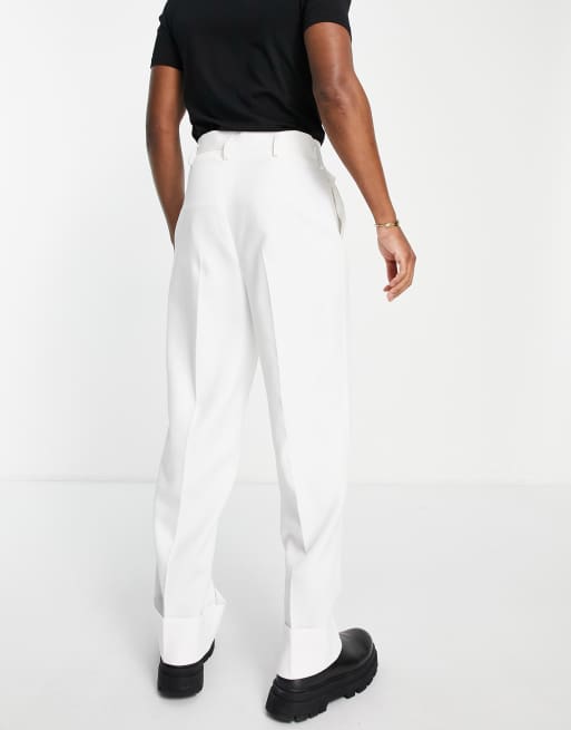 ASOS DESIGN high waist wide leg turn up smart pants in white texture