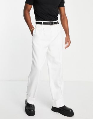 ASOS DESIGN high waist wide leg turn up smart trousers in white texture