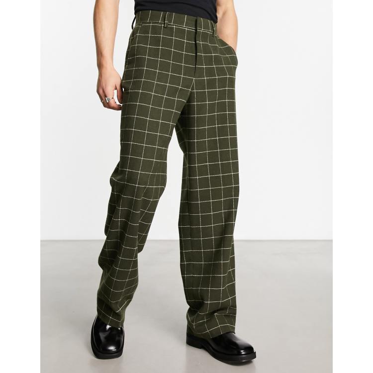 High Waist Green Plaid Loose Pants