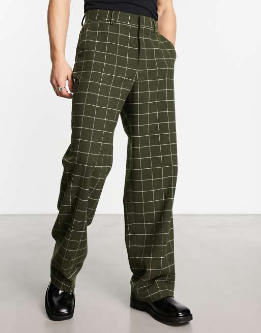 ASOS DESIGN high waist wide wool mix smart pants in forest green window  check