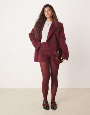 Asos Design High Waist Wool Look Tailored Shorts In Burgundy In Red
