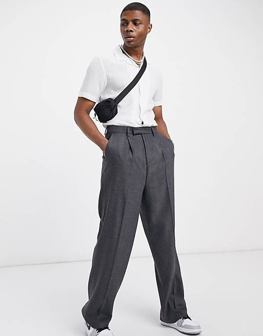 Men high waist wool mix smart trousers with wide leg in charcoal 