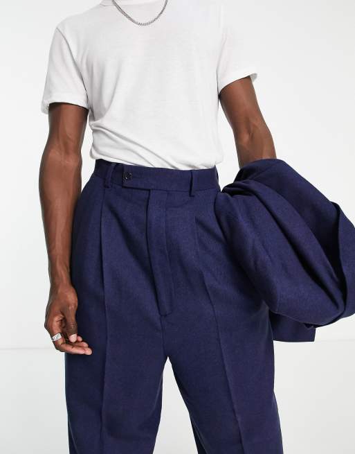 ASOS DESIGN high waisted balloon wool mix twill suit pants in navy