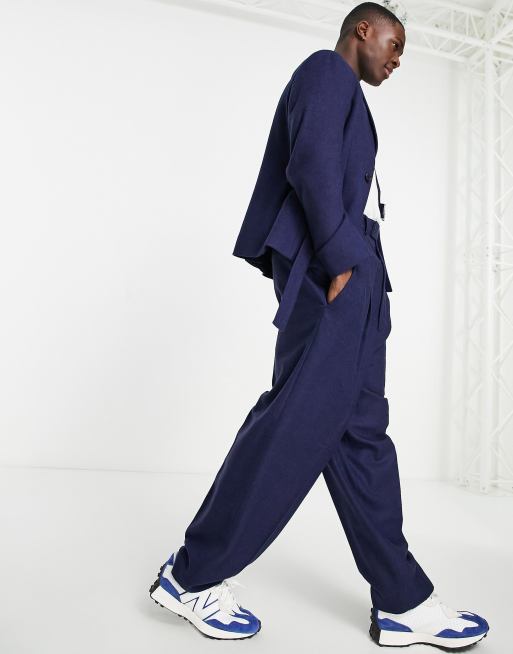 ASOS DESIGN high waisted balloon wool mix twill suit trousers in navy | ASOS