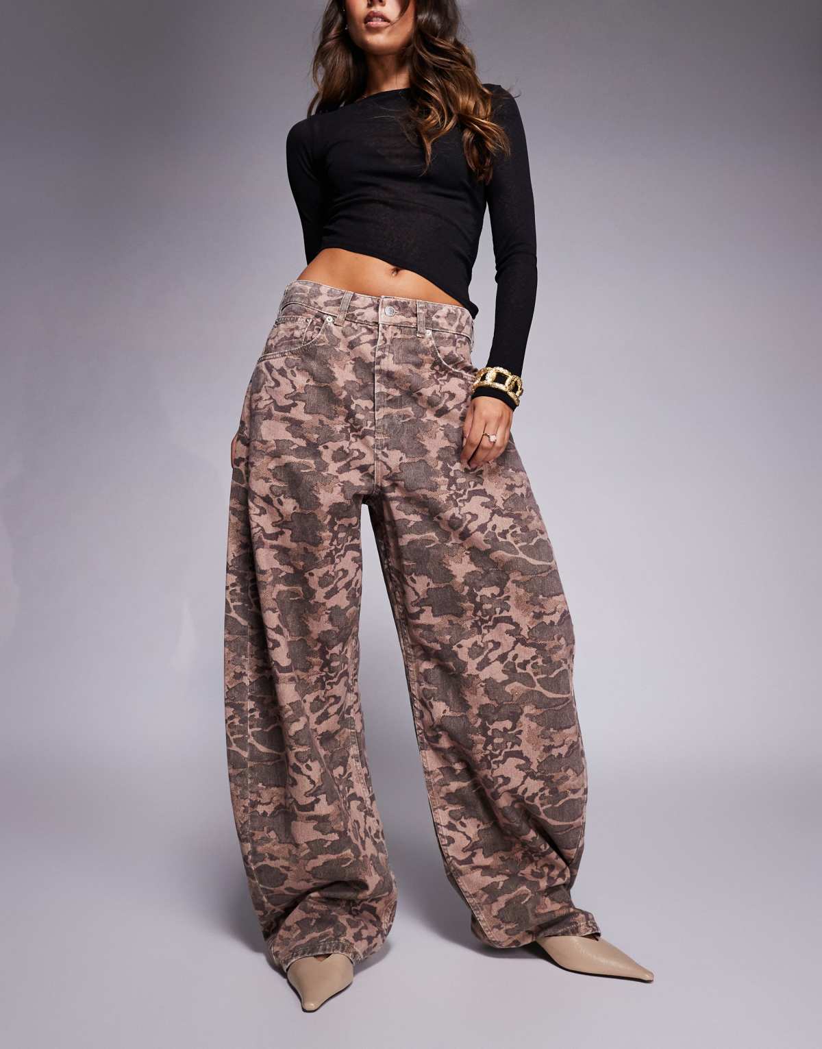 ASOS DESIGN high waisted barrel jean in camo print