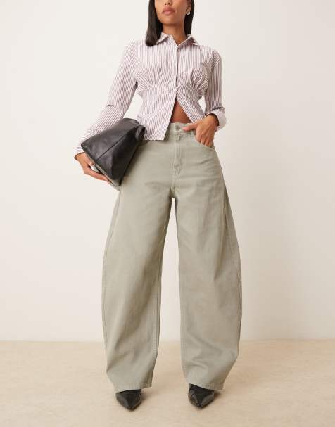 ASOS DESIGN high waisted barrel jean in washed khaki