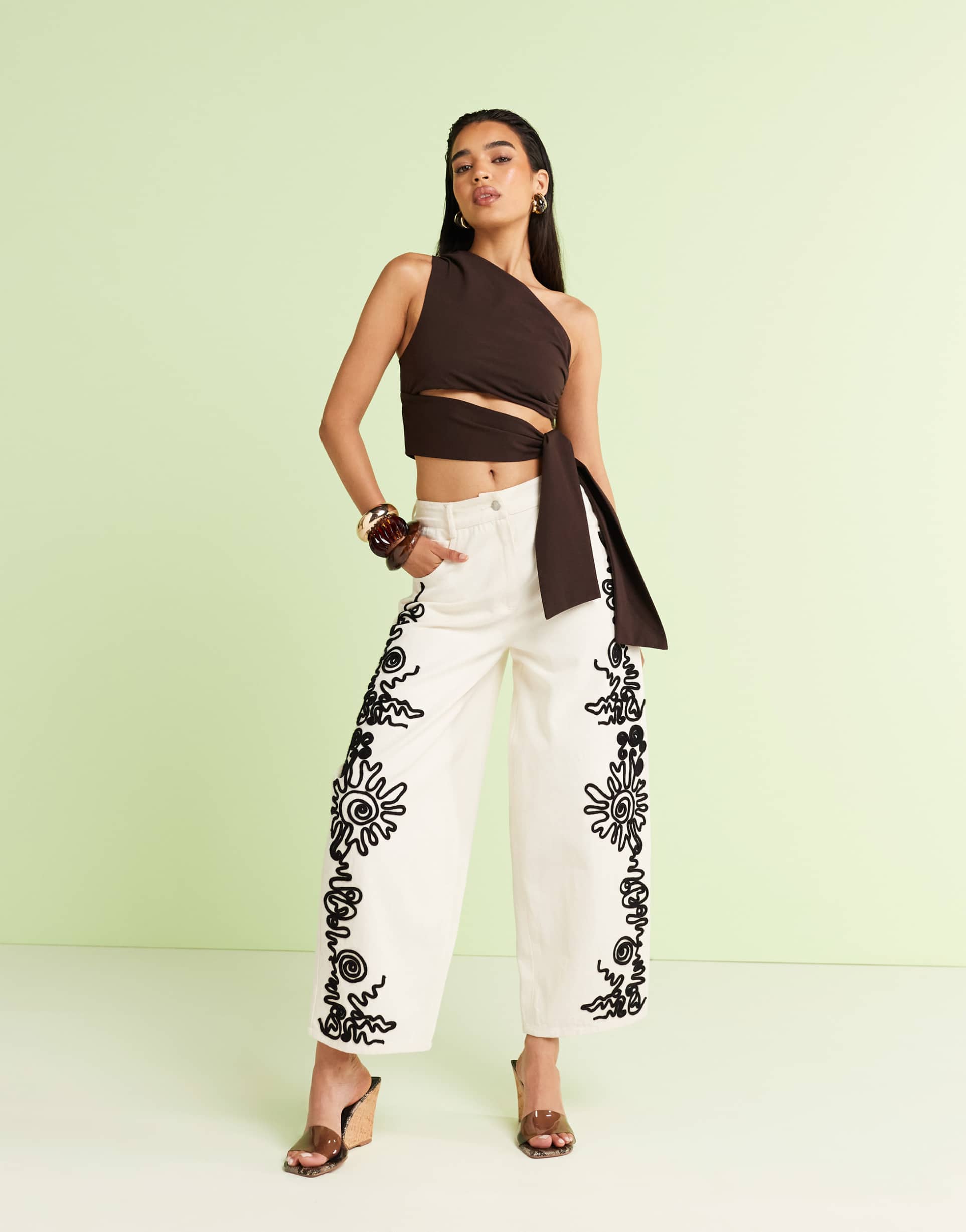 asos design high waisted barrel jean with cornelli detail in ecru