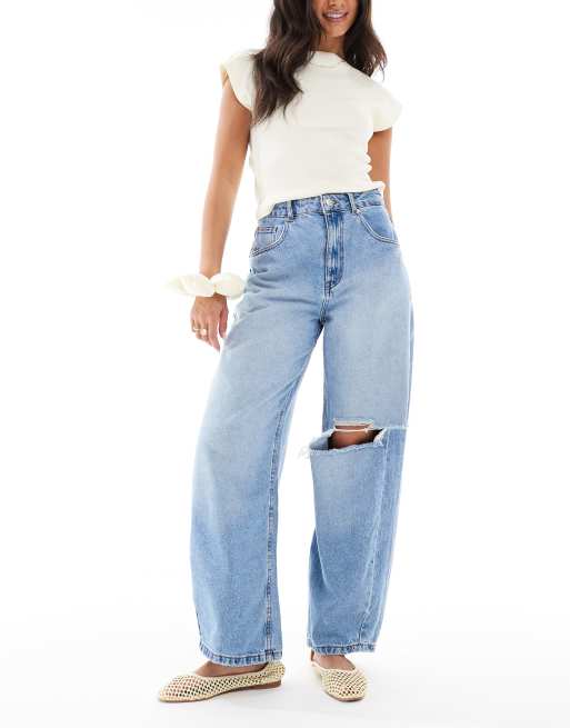 ASOS DESIGN high waisted barrel jeans in light wash with rips