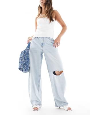 ASOS DESIGN high waisted barrel jeans in pale wash with rips - view 1