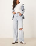 [ASOS DESIGN] ASOS DESIGN high waisted barrel jeans in pale wash with rips-Blue 14 Pale