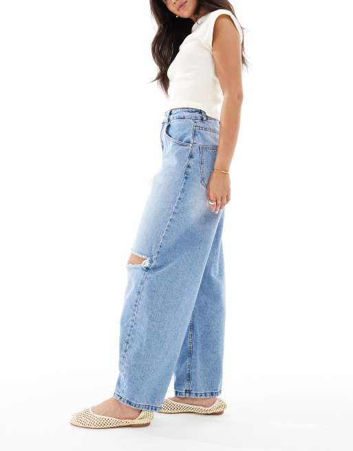 ASOS DESIGN high rise barrel jeans in mid blue with rips