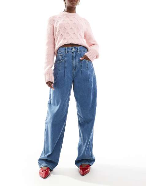 ASOS DESIGN high waisted barrel jeans with pleats in mid blue - view 1