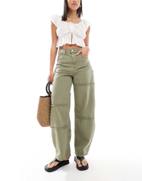 ASOS DESIGN high waisted barrel jeans with raw edges in khaki - view 1