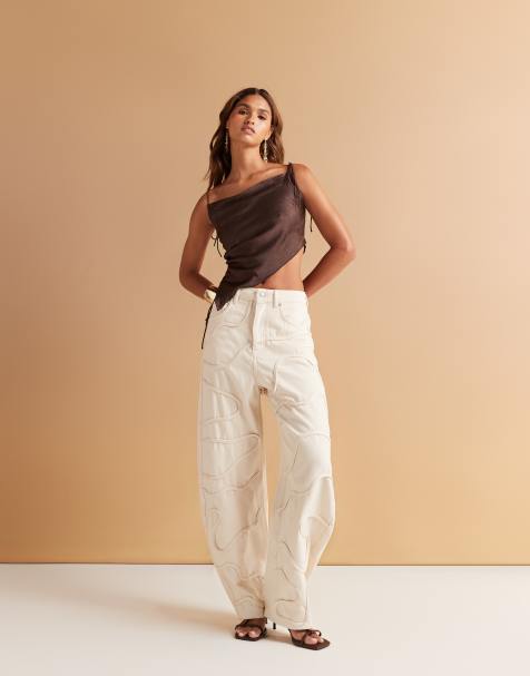 ASOS DESIGN high waisted barrel leg jean in ecru with tonal swirl detail - view 1