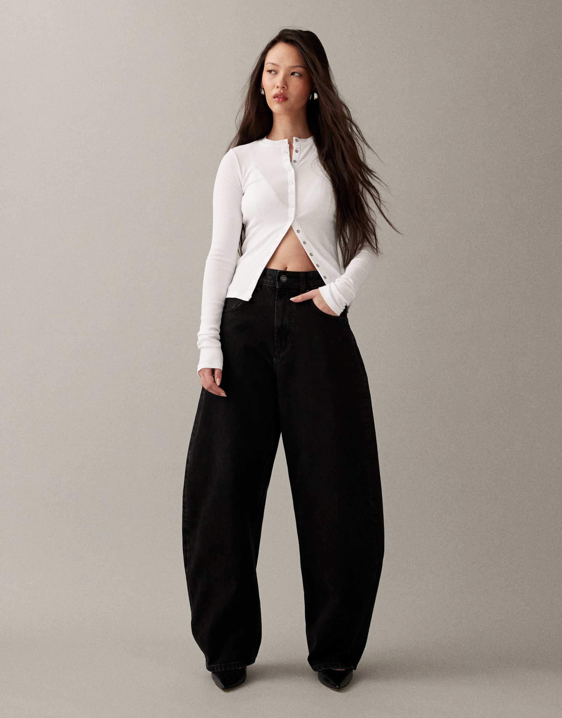 asos design high waisted barrel leg jeans in black