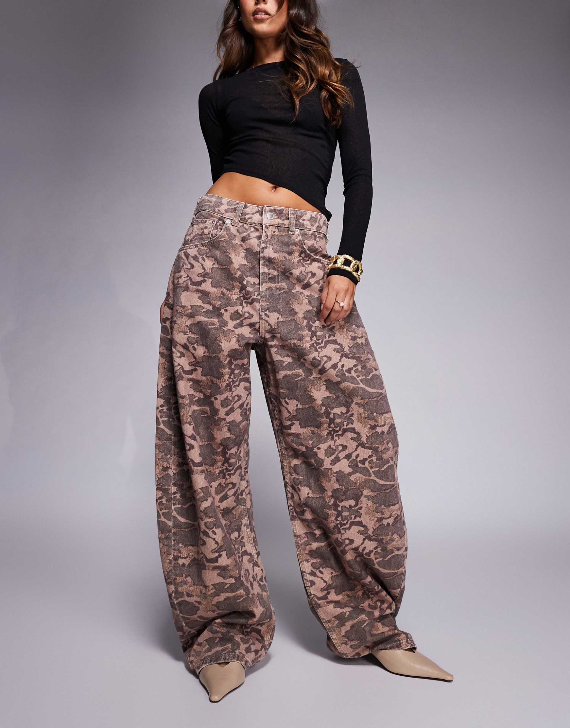 asos design high waisted barrel leg jeans in camo print
