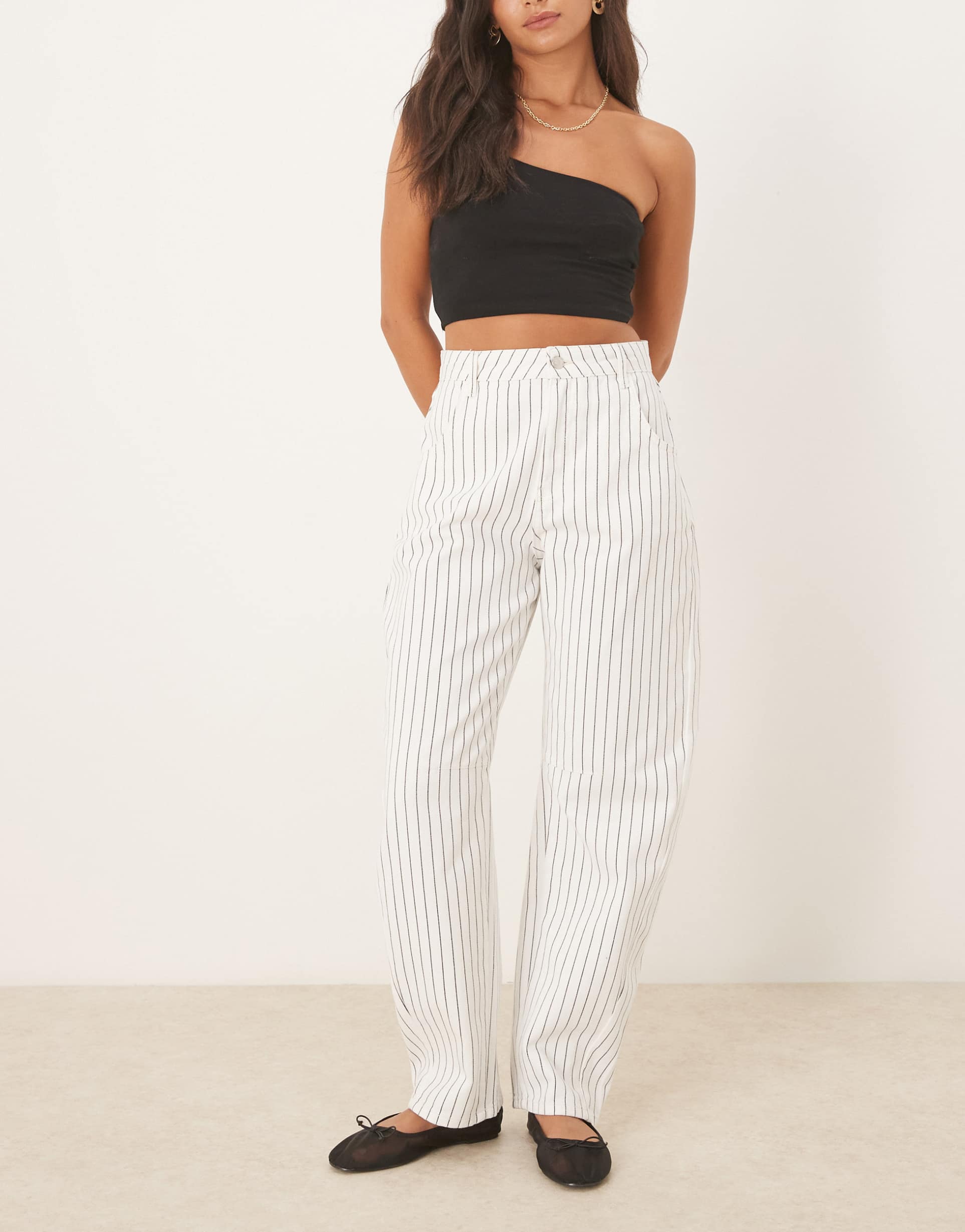 asos design high waisted barrel leg jeans in ecru stripes