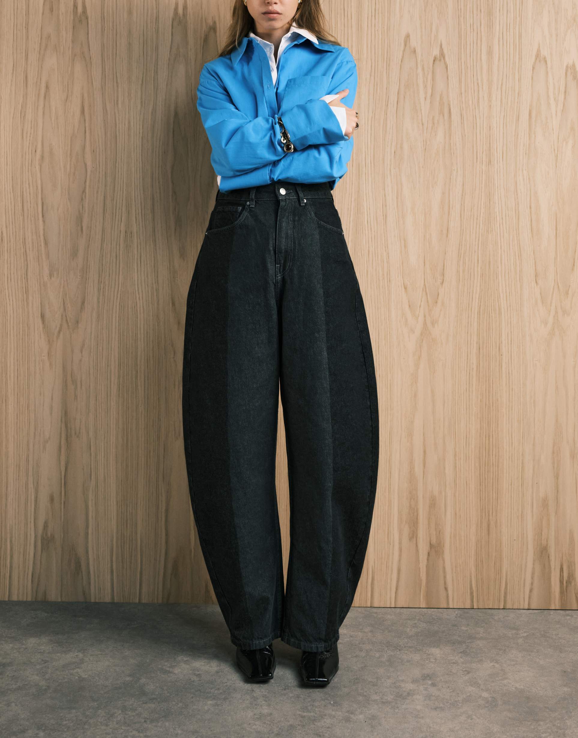 asos design high waisted barrel leg jeans in gray tonal wash