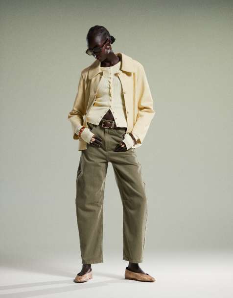 ASOS DESIGN high waisted barrel leg jeans in khaki - view 1