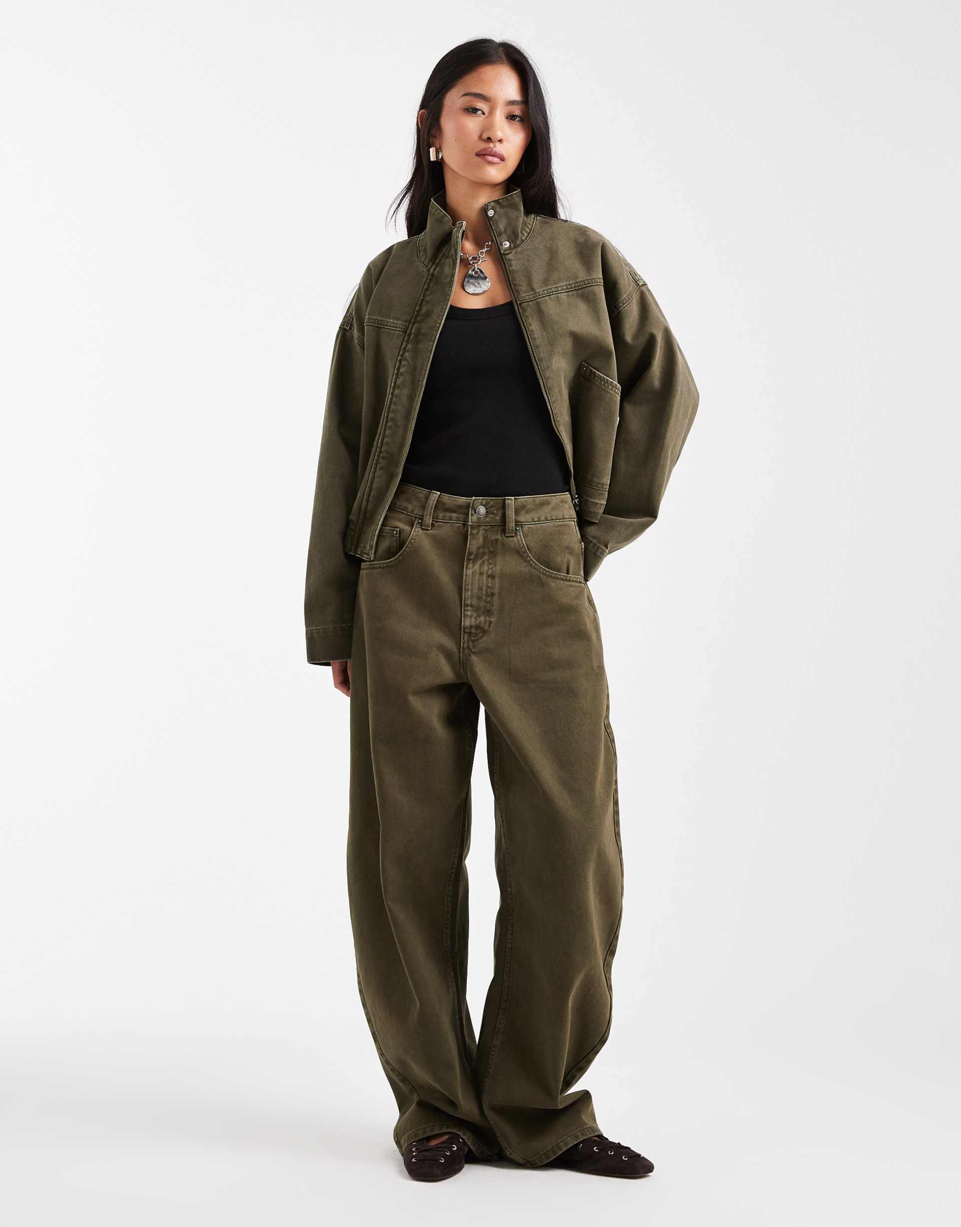 asos design high waisted barrel leg jeans in khaki