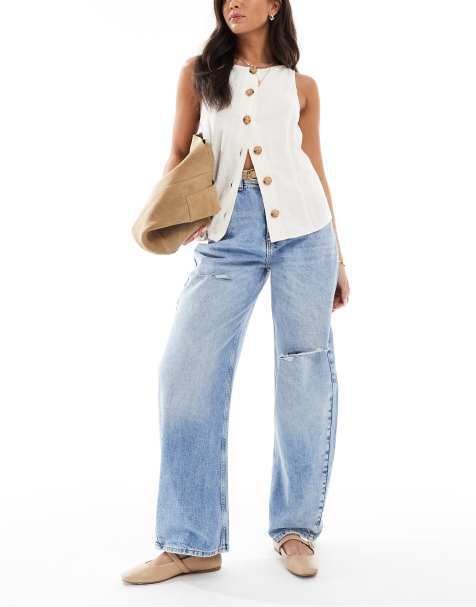 ASOS DESIGN high waisted barrel leg jeans in light mid bleu with rips - view 1