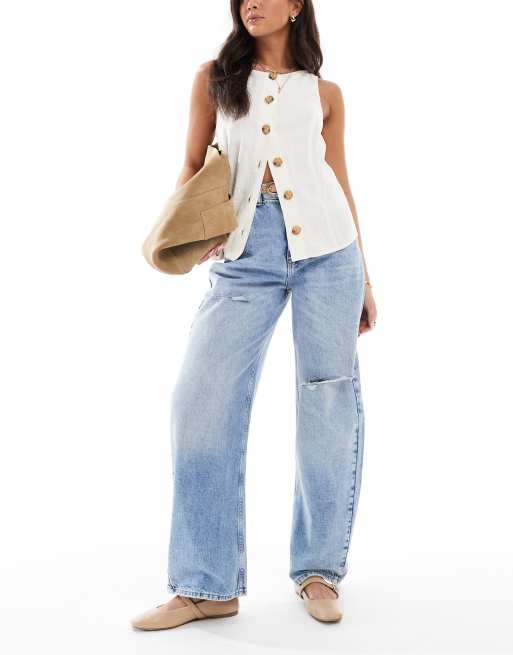 ASOS DESIGN high waisted barrel leg jeans in light mid bleu with rips 